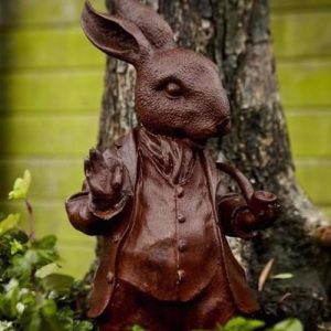 Cast Iron Woodland Creature - Rabbit With Pipe Statue - 480mm High