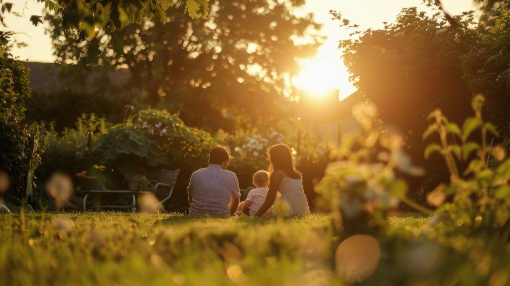 happy family in their garden relaxing at sunset