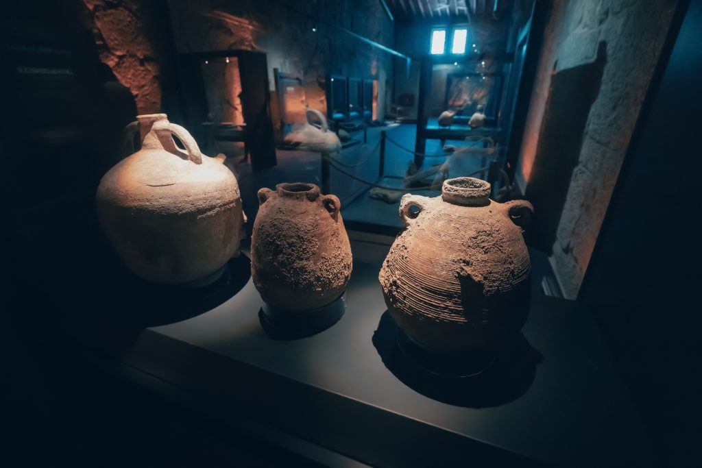 26 August 2021, Andriake, Turkey: ancient Greek amphora was made by potters from clay and was used to transport olive oil and wine. Illuminated exhibit in Lycian Civilization museum